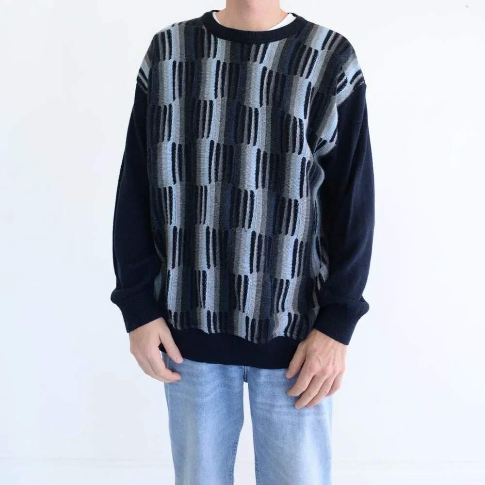 Vintage Cooper Navy Black Fine Knit 30% Wool 3D Pattern Crew Neck Sweater XL